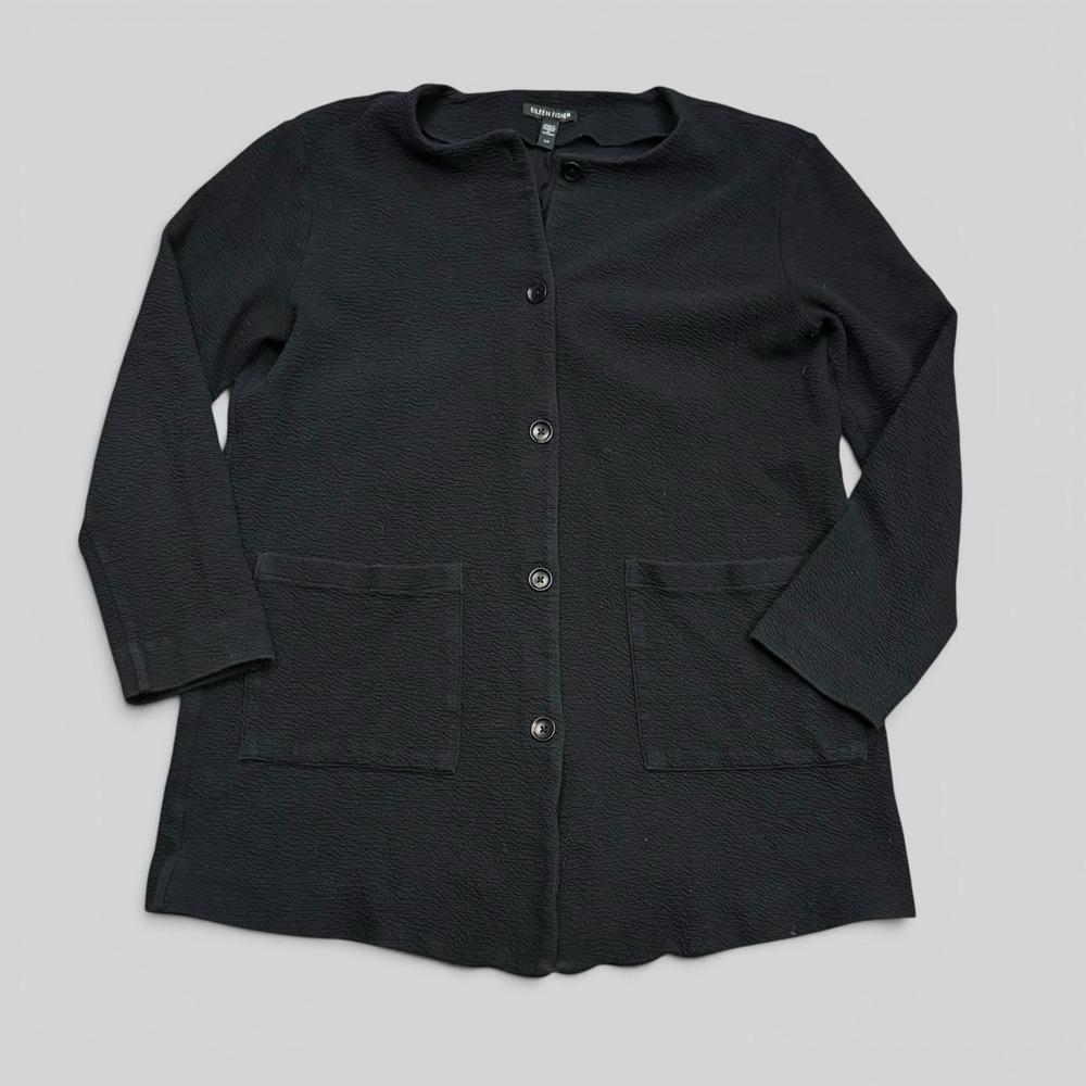 Eileen Fisher Textured Jacket Cardigan Black Button Front Minimalist Women's S